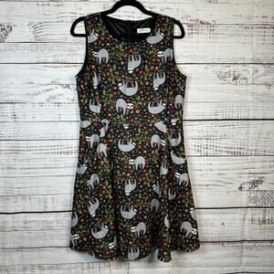 Womens LA Soul Black Sloth Graphic Print Fit & Flare Swing Dress Pockets Lined M